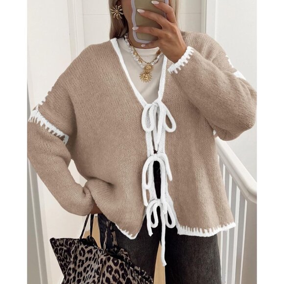 Women's Chunky Knit Tie Front Cardigan - Trendy Puff Sleeve Sweater Coat - Picture 5 of 6